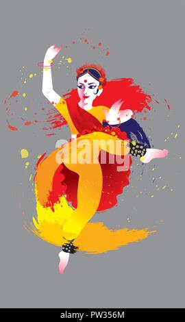 Vecteur d'un isolé femme danse colorée avec costume Indien, présenté en projection d'encre énergique style. Illustration de Vecteur