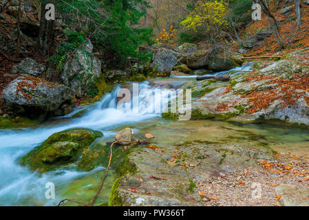 Beau paysage d'une rivière de montagne parmi les grosses pierres dans les montagnes en automne Banque D'Images