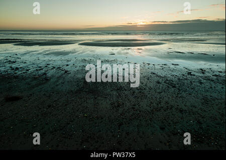 Le lever du soleil sur le sable et l'eau calme de la mer d'Irlande près de Bray, comté de Wicklow, Irlande Banque D'Images