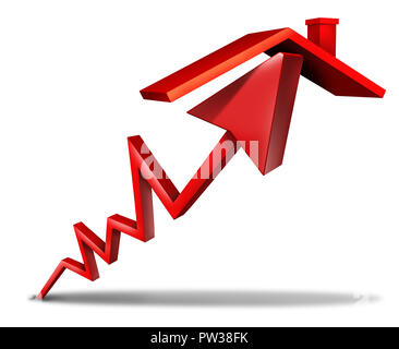 Accueil d'augmentation des ventes et de l'immobilier à la hausse ou à la hausse des taux de prêt hypothécaire comme une flèche vers le haut d'un toit de levage Banque D'Images