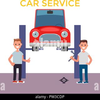 Modèle plat, service de voiture. Voiture sur un pont élévateur. Vector Illustration de Vecteur