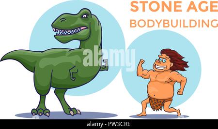Concours de culturisme de l'âge de pierre de dessin animé. Homme des cavernes et Tyrannosaurus. Vector Illustration de Vecteur
