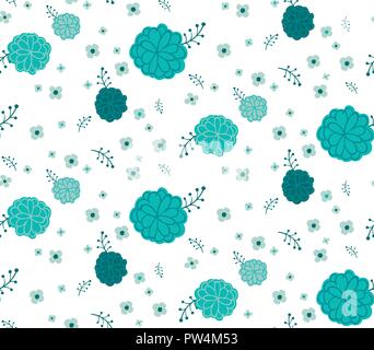 Motif floral transparent très tendance. Fond blanc avec fleurs et feuilles moderne en bleu, marine et turquoise. Parfait pour tissu, scrapbooking, Illustration de Vecteur