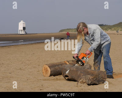 La collecte de bois de dérive de Burnham on sea beach en utilisant une scie à chaîne Banque D'Images