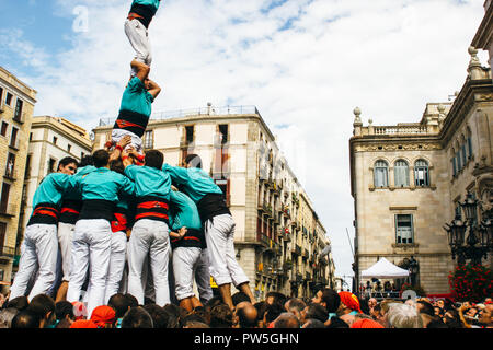 Castellers de Vilafranca, Tour humain traditionnel, la Merce, Barcelone, Catalogne, Espagne, 2014 Banque D'Images