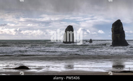 Comité permanent des rochers à marée basse dans la région de Cannon Beach sur la côte de l'Oregon. Près de Haystack rock. Banque D'Images