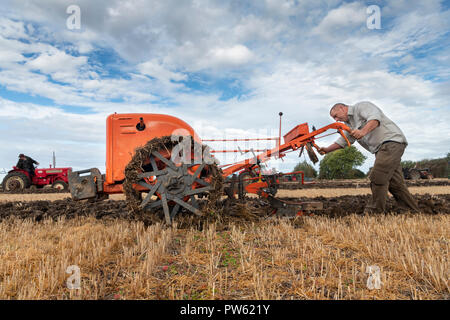 Collines de traite a conduit, Willingham, Cambridge, UK 13 octobre 2018. Concurrents prenez part à l'exercice annuel de labour en averses, des conditions chaudes. Il y a des classes de différents types et la taille de chaque tracteur avec leur propre terrain à labourer. Accorder des points pour les juges le sillon d'ouverture et à diverses étapes que le sol est parfaitement remis. Credit : Julian Eales/Alamy Live News Banque D'Images