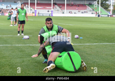 Londres, Royaume-Uni. 13 octobre 2018. Joe Marler d'Arlequins en cours de match rugby européen Challenge Cup, ronde 1 Poule 5, entre les Harlequins et Agen au stade de Twickenham Stoop, le samedi 13 octobre 2018. Londres en Angleterre. (Usage éditorial uniquement, licence requise pour un usage commercial. Aucune utilisation de pari, de jeux ou d'un seul club/ligue/dvd publications.) Crédit : Taka Wu/Alamy Live News Banque D'Images