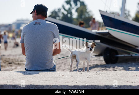 13 octobre 2018, à Hambourg, à Scharbeutz : 13 octobre 2018, l'Allemagne, Scharbeutz : à la température d'air autour de 24 degrés un visiteur est assise avec son chien sur la plage de la mer Baltique en face de Scharbeutz. Depuis le 1er octobre les chiens et les chevaux ont également été admis ici de nouveau. Photo : Markus Scholz/dpa Banque D'Images