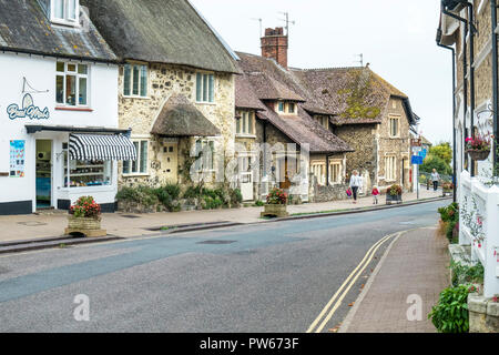 Une scène de rue dans le village côtier de bière dans le Devon. Banque D'Images