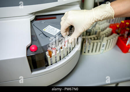 L'assistant du laboratoire met un tube à essai avec un échantillon pour analyse dans une centrifugeuse appareil, close-up Banque D'Images