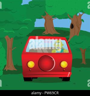 Yellow man driving, tenant un volant. Cartoon Vector illustration. Illustration de Vecteur