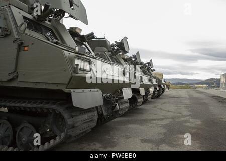 BvS 10 s'asseoir à la piscine du moteur en garnison, Værnes en Norvège, le 2 octobre 2017. Le véhicule tactique fournit diverses fonctions l'octroi de l'armée avec une préparation aux missions. Les Marines américains sont préparés et prêts à tout moment pour toute mission qui se présente à eux. Banque D'Images