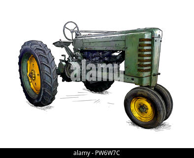 Dessin animé ou style bande dessinée Illustration de l'ancien tracteur vert Banque D'Images