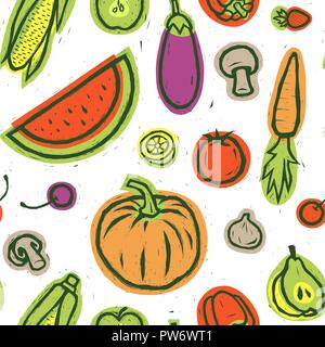 Les fruits et légumes colorés illustration vectorielle. Impression alimentaire. Fond d'écran vecteur dessiné à la main avec des fruits et légumes. Banque D'Images