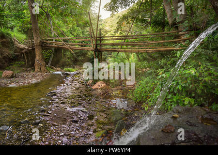 Budlaan chutes d'activités de plein air randonnées le long d'une rivière d'eau du ruisseau en passant le pont de bambou, d'une série d'images dans la province de Cebu Banque D'Images