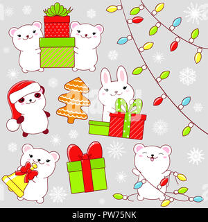 Ensemble d'icônes de Noël mignon style kawaii. Le lapin et l'ours avec cadeau et Bell, de la pile de cadeaux, panda dans Santa's hat, flocons, d'épices, Banque D'Images