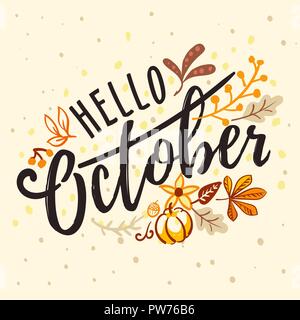 Inscription bonjour Octobre avec ornement nature automne Illustration de Vecteur