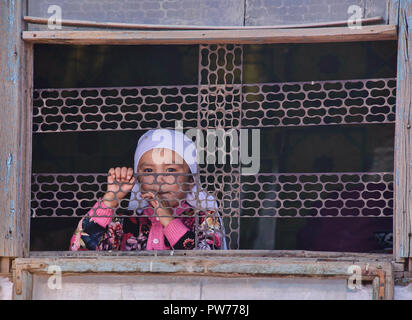 Fille dans la fenêtre, Sary Mogul Bazar, Kirghizistan Banque D'Images