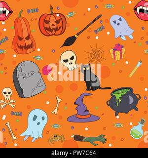 Vector cartoon Halloween modèle homogène dans le style. Résumé Contexte géométrique avec le mal des citrouilles, cat, fantômes, les os, graves, des vampires et des potions Illustration de Vecteur