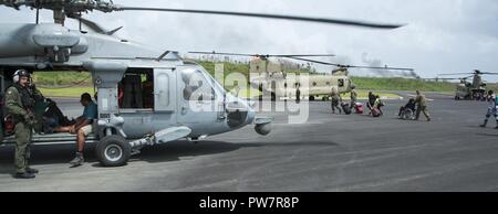 La DOMINIQUE (sept. 27, 2017) Marine et l'Armée de terre et le personnel de stand sur le tarmac de l'aéroport de Douglas-Charles où ils se préparent à évacuer les résidents de la Dominique. Les personnes évacuées sont transportées vers les aéroports de l'île pour le transfert vers les îles de la Martinique et de la Guadeloupe. Le ministère de la Défense soutient l'Agence des États-Unis pour le développement international (USAID), le principal organisme fédéral, en aidant les personnes touchées par l'Ouragan Maria afin de minimiser la souffrance et est une composante de l'ensemble de l'intervention. Banque D'Images