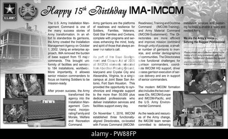 Dimanche, le 1er octobre, marque l'Installation de l'Armée américaine du 15e anniversaire de la commande gestion, une journée pour célébrer l'engagement de l'IMCOM la prestation de services d'installation et le maintien d'installations à l'appui des commandants supérieurs pour permettre un prêt et résiliente de l'armée. IMCOM : Nous sommes l'armée au service de l'accueil - professionnel robuste # USArmy # InstallationManagementCommand # support # # IMA # IMCOM # garnison résilience # préparation Banque D'Images