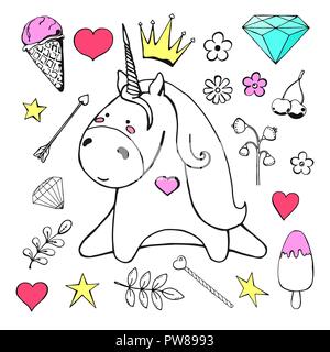 Unicorn croquis avec divers objets mignon isolé sur fond blanc. Vector illustration Illustration de Vecteur