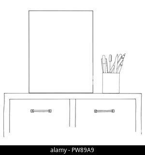 Croquis de l'intérieur. Table, table de chevet, étagère avec divers éléments de l'intérieur. Peut être utilisé comme une maquette. Châssis pour vos graphiques. Illustration de Vecteur