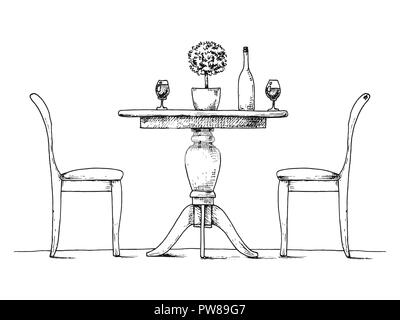 Une partie de la salle à manger. Table ronde et chaises. Sur la table vase de fleurs. Croquis dessinés à la main. Vector illustration Illustration de Vecteur
