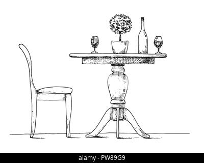 Une partie de la salle à manger. Table ronde et chaises.Sur la table vase de fleurs. Croquis dessinés à la main.Vector illustration Illustration de Vecteur