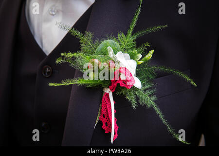 Gros plan d'une boutonnière de mariage sur l'époux de même. Le marié avec la poitrine des brindilles vert et baies rouges en boutonnière. Belle boutonnière sur une st Banque D'Images