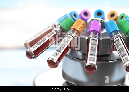 Test de sang dans des tubes de centrifugation. Préparation de plasma en laboratoire d'hématologie médicale concept. 3d illustration Banque D'Images