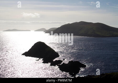 La fin de journée la lumière du soleil de l'océan sur la côte ouest de l'Irlande, péninsule de Dingle donne une silhouette se tournent vers les îles Blasket devant la côte de Dunmore Head Banque D'Images