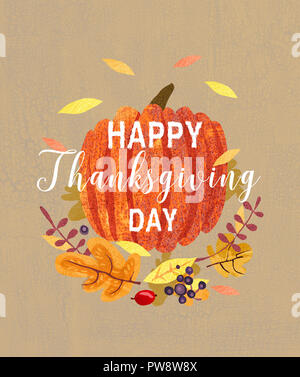 Joyeux Thanksgiving Day card design. Composition de plantes, feuilles et de citrouille. Carte de vœux de l'automne. Banque D'Images