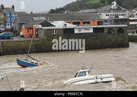 Aberaeron, UK. 13 octobre 2018. Une scène de dévastation à Aberaeron Harbour sur la côte ouest du pays de Galles cet après-midi que de fortes pluies et des vents forts de storm Callum continuent de causer du grabuge. L'eau des crues de la rivière Aeron exerçant son activité sous les arbres et grosses branches tomber sur des bateaux amarrés là dommages à de nombreux et totalement naufrage d'autres. Crédit : Anthony Pugh/Alamy Live News Banque D'Images