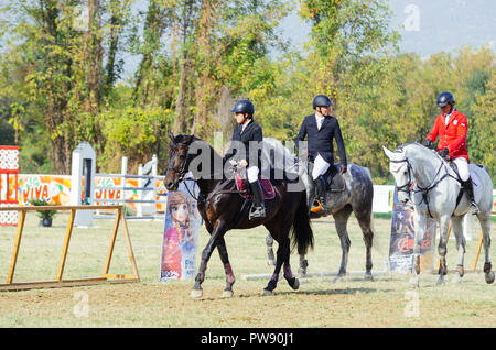 Hipodrom, Skopje, Macédoine, R. Octobre 13, 2018 13:00 CEST La Fédération des Sports Equestres de Macédoine organise le tournoi international "kopje' 2018 - COUPE MEMORIAL 'Dr. Josif Naumovski' à l'hippodrome. Six matches sont prévus, selon les normes internationales, en sautant les obstacles à une hauteur de 1 à 1,3 mètres. Credit : Dragan Ristovski/Alamy Live News Banque D'Images