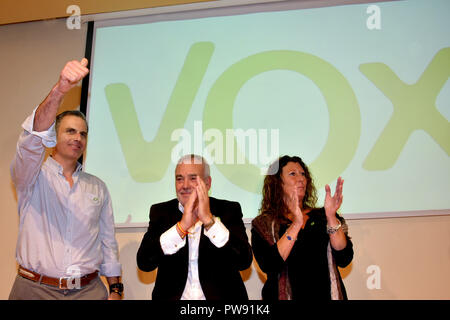 Barcelone, Barcelone, Espagne. 13 Oct, 2018. De (R) à (L) El Secretario general de Vox Javier Garcia el candidat a la alcaldia Santos Mateo y la la présidente de Vox en Barcelona Lola Matin vu saludan du Sant VIcents del remedio remerciant les gens pendant l'événement.L'extrême droite parti politique espagnol Vox présente leurs conditions aux maires des villes à proximité de Barcelone, aujourd'hui, ils ont présenté leurs conditions à Santos Mateos au bureau du maire de Sant VIcents del remedio s dans la ville où l'ancien président de la Catalogne Oriol Junqueres a vécu. (Crédit Image : © Ramon Costa/SOPA Banque D'Images