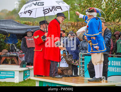 Southwick, UK. 14 octobre 2018. Les hommes régnant championne du monde, John Riley, un octogénaire Chelsea pensionné, frappe le conker de son adversaire, Roy Palmer (crieur public pour Mablethorpe), dans l'ouverture du bout du monde 2018 championnats de conker sur un jour de pluie à Southwick, UK ; John Riley a gagné le combat. Crédit : Michael Foley/Alamy Live News Banque D'Images