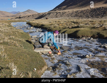 Essayez de laver la vaisselle dans une rivière gelée le long de la Tso Moriri trek, Ladakh, Inde Banque D'Images