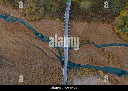 Chemin à pied en bois au-dessus sur le marais de roseaux secs, mère et fils dans la région de yellow jackets allongé sur le pont avec les mains et les jambes allongées à partir d'un drone Banque D'Images