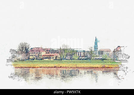 Une aquarelle ou une illustration. Belle vue sur l'architecture de Dresde sur les rives de l'Elbe. Banque D'Images