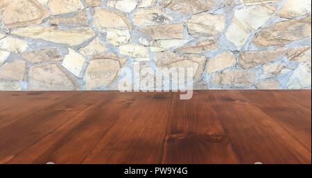 Table de planches de bois brun blanc sur fond de mur de pierre floue capacités couloir - peuvent être utilisés pour l'affichage ou un montage de vos produits. Bois tabl Banque D'Images