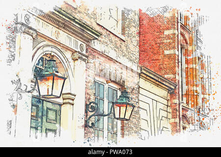 Illustration ou d'aquarelle. L'architecture traditionnelle ancienne à Amsterdam. L'architecture européenne. Banque D'Images