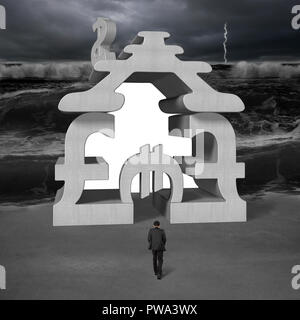 La marche vers l'argent en béton construction d'empilage avec tsunami, avec la foudre Banque D'Images