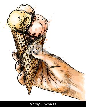 Femme hand holding ice cream en cornet gaufré Illustration de Vecteur