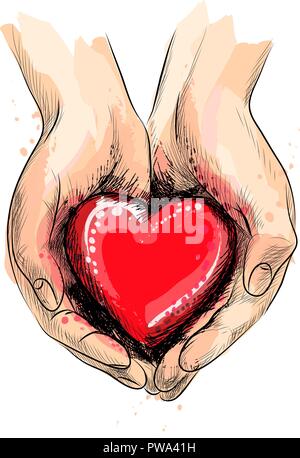 Les mains des femmes de coeur rouge donnant une touche d'aquarelle Illustration de Vecteur