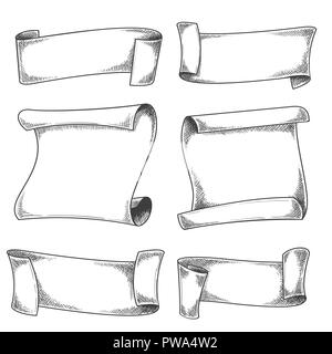 Croquis des Rubans et rouleaux. Vintage faire défiler des bannières isolé sur fond blanc, vector retro hand drawn blank tourbillons antique Illustration de Vecteur