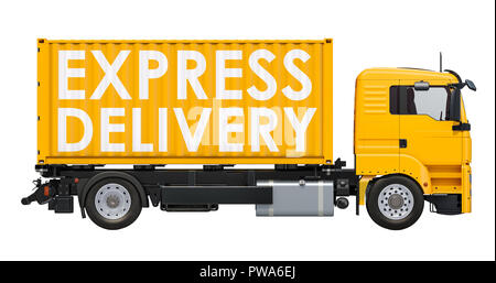 Concept de livraison express. Camion conteneur avec inscription livraison express, rendu 3D isolé sur fond blanc Banque D'Images