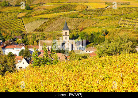 Village de Ribeauvillé en Alsace au milieu des vignes en couleurs d'automne, France.. Banque D'Images