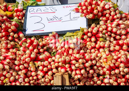 Légumes salade de radis en vente sur un étal du marché, les agriculteurs français en Normandie du nord de la France Banque D'Images